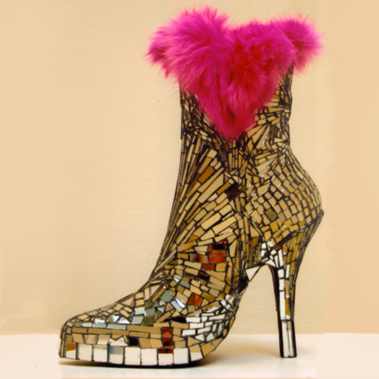 mirror mosaic high heel boot with pink fur trim