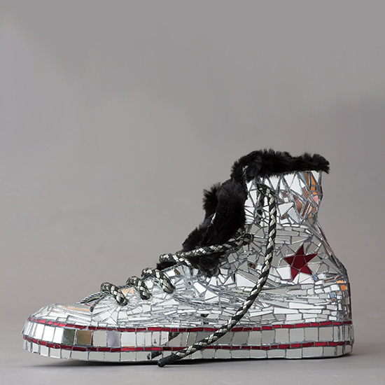  a converse boot mosaicked with mirror shards
