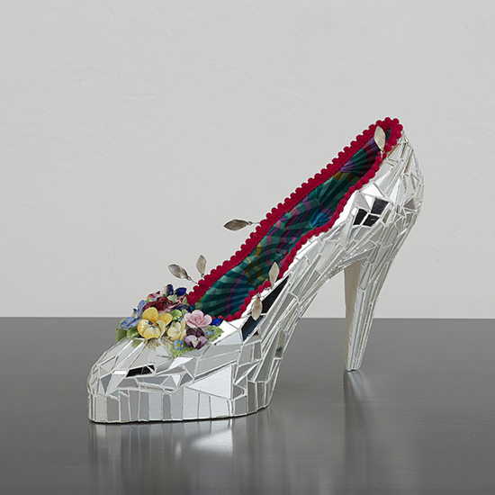  high heeled mirror mosaic shoe with flower trim 